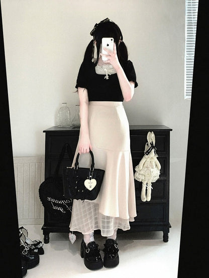 Asymmetrical Mermaid Skirt with Plaid Tulle, Seiso Style, 4 Colors - Kitty Bxllet