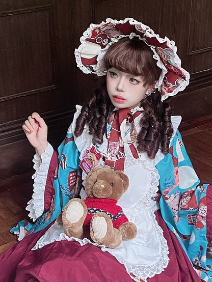 Wine Bear Bonnet Print Red/Beige Lolita