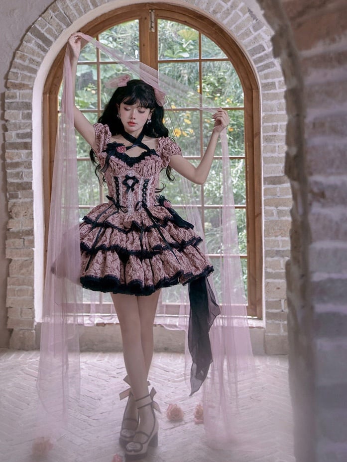 and Pink Floral Skirt with Dark Black Lolita Multi-Layered Dress OP Texture