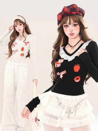 Schwarz/Graues Cartoon-Top mit V-Ausschnitt und Spitzenbesatz