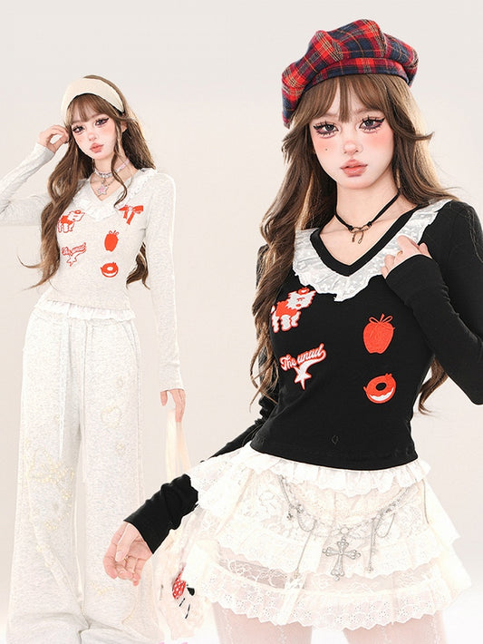 Schwarz/Graues Cartoon-Top mit V-Ausschnitt und Spitzenbesatz