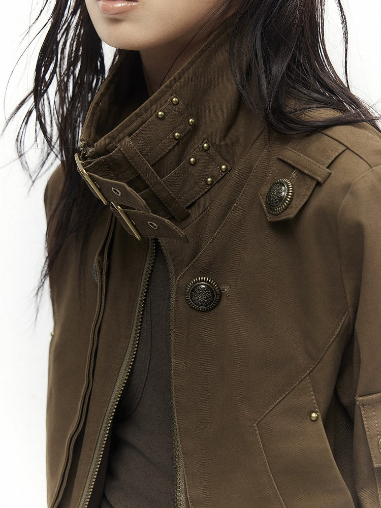 Khaki - Neck Cinching Jacket Vintage Mock Waist