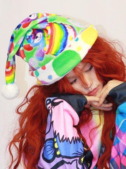 Cartoon Christmas Decorated Y2K Pompon Hat Colorful Print