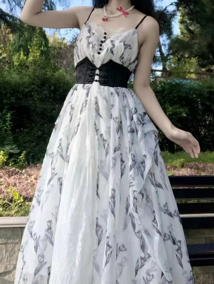 Tulip Dress+Cropped Set Top+Corset Lolita Black Elegant Classic Belt+Hairrband Full Pattern White