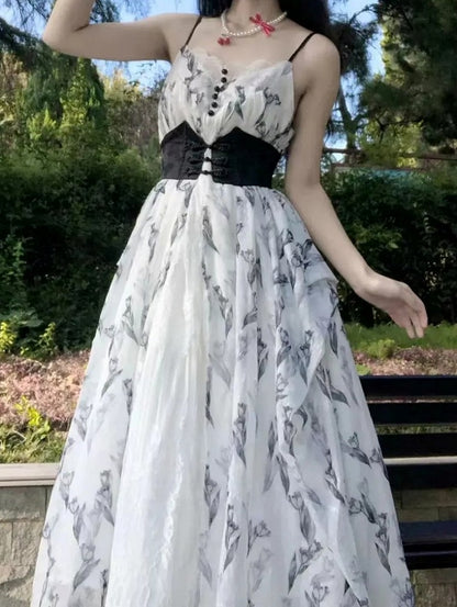 Tulip Dress+Cropped Set Top+Corset Lolita Black Elegant Classic Belt+Hairrband Full Pattern White