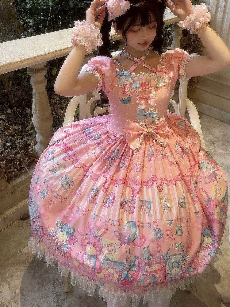 ロリータバニースイートショートプリントパフスリーブテディピンクとドール