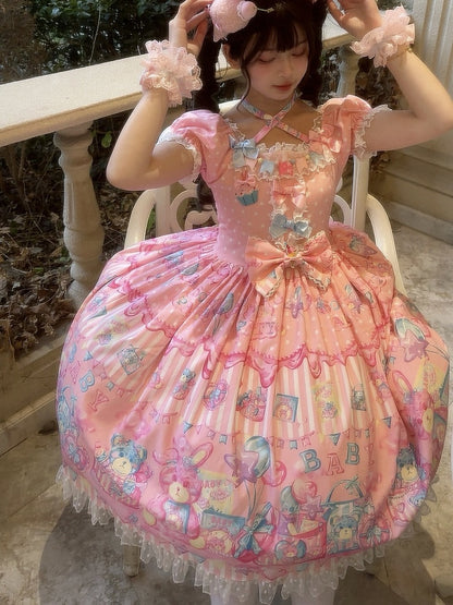 ロリータバニースイートショートプリントパフスリーブテディピンクとドール