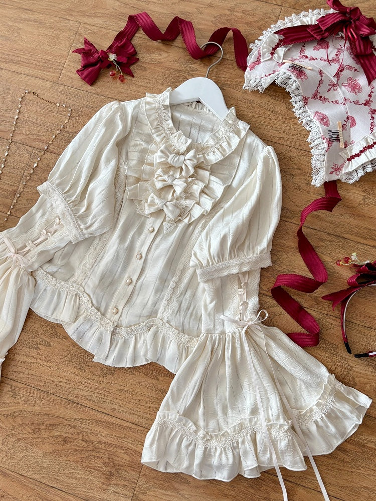 Ruffled Beige & White Shirt with Bowknots & Detachable Bell Sleeves - Currant
