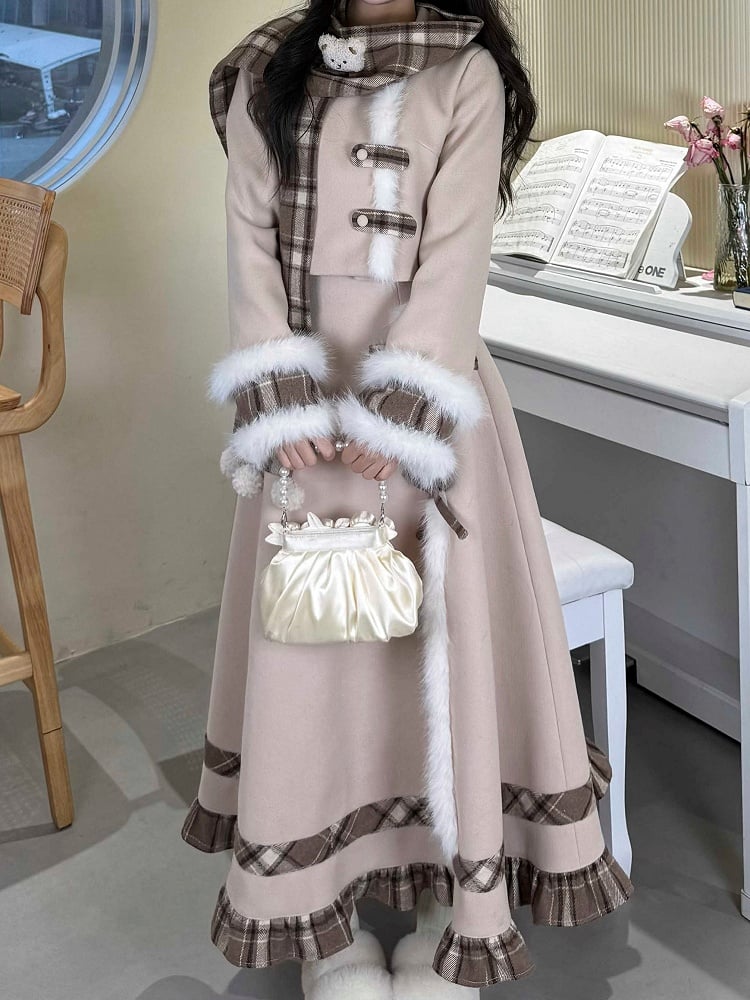 Fur Classic Plaid Set Top Scarf Trim Hem Khaki Lolita Skirt Elegant + Faux Ruffle