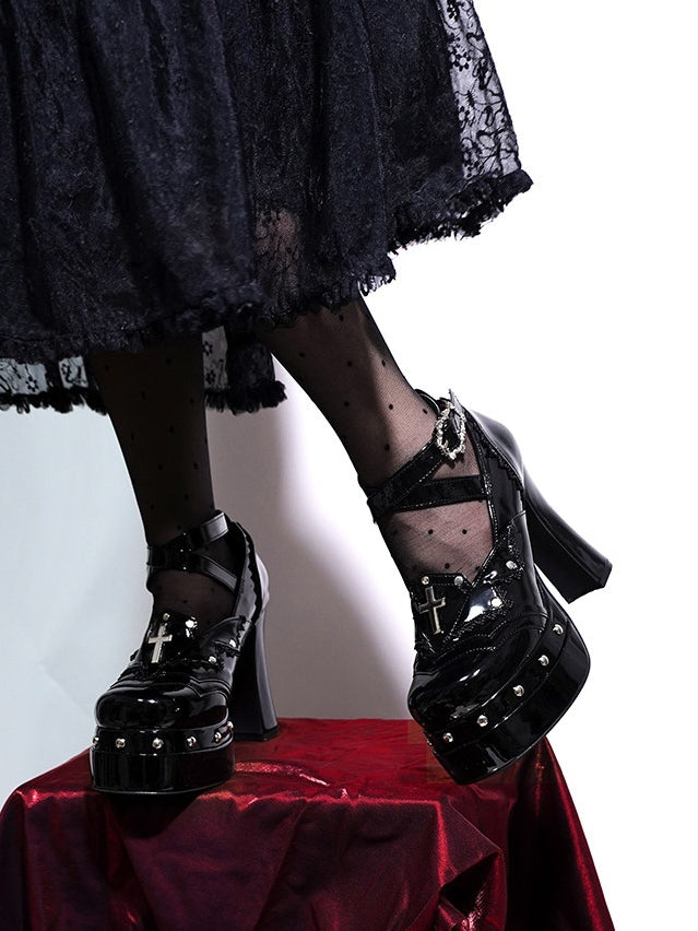 Block - High Coffin-shaped Gothic Platform Buckle Heels Polished Black