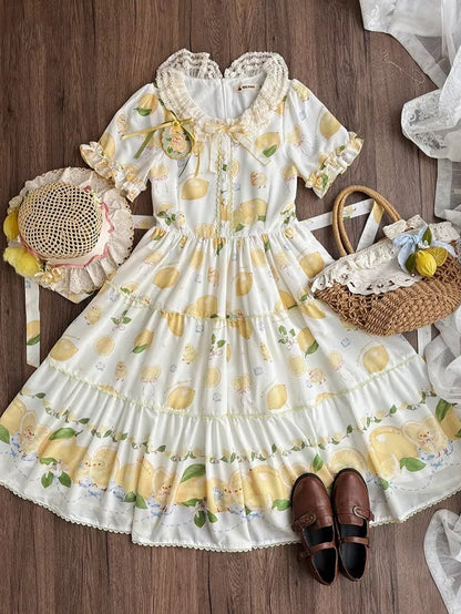Chick Sleeves for Short Summer White Lolita Dress Print and Lemon Spring