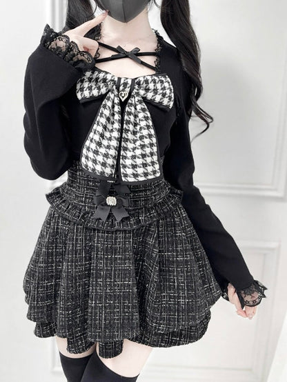 Kei Black/White with and Neckline Tweed Jirai Bow Criss-Cross Top Knit Big