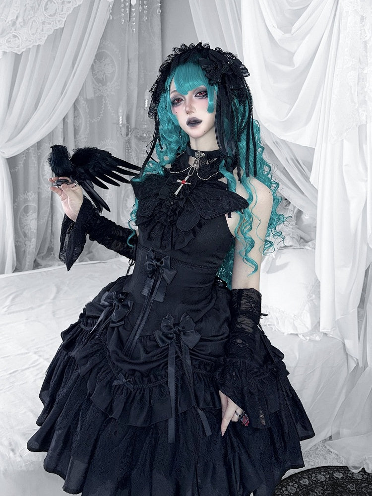 Black Gothic Lolita JSK with Butterfly Embroidery - Tachycardia