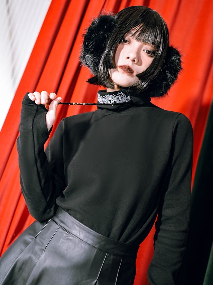 Gothic Dragon Top Collar Cheongsam Cuffs Print with Turtleneck Thin/Thick Black Thumbhole