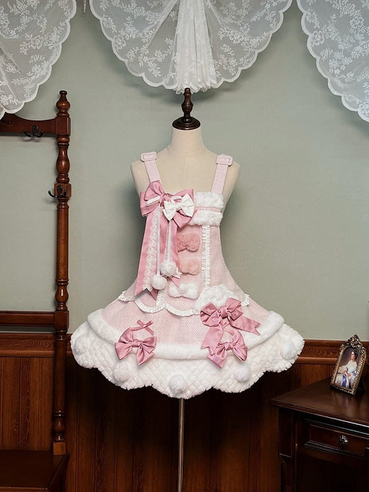 Pom-Poms Pink mit Lolita-Overall-Besatz, gewelltes süßes Kleid, weißer Schleifenrand und