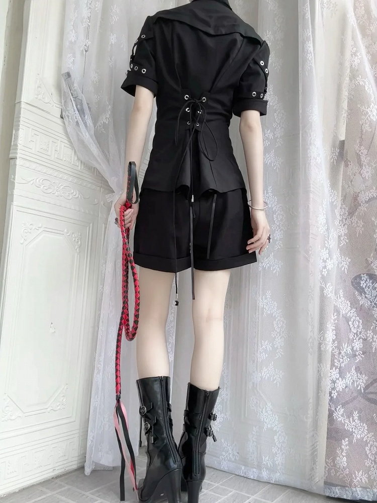 レースアップネックラインシャツ ロリータスリーブ ファッション ショート ブラック 王子