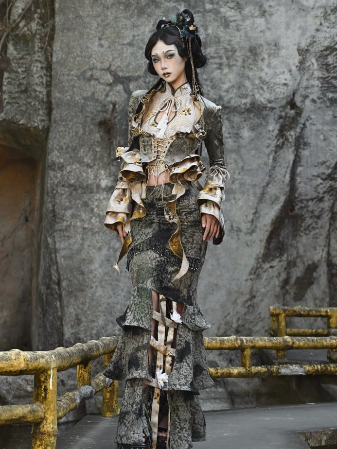 グリーンタイフラワーバードケージヘムラインマーメイドスカート