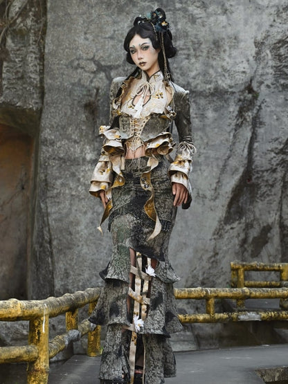 グリーンタイフラワーバードケージヘムラインマーメイドスカート