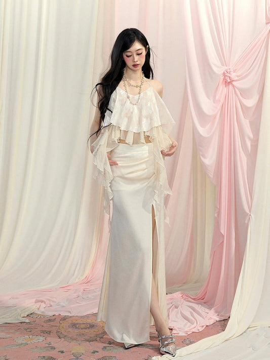 トップス/太もも丈スリットスカート アプリコット アシンメトリー フリル裾 ホルターネック シフォン