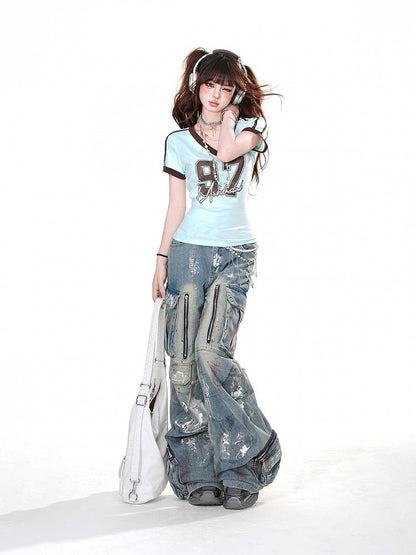 Light Blue/Navy Blue V-Neck Number Contrast Trim Glamorous T-shirt