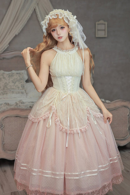 Pink Classic Gradient Lolita JSK Set with Cardigan and Hair Accessories - With PUJI