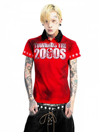 Red Letter Print Polo Shirt with Short Sleeves - DETW OnLine