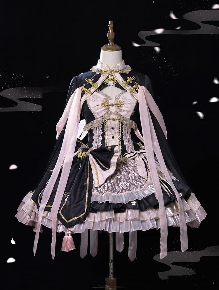 Robe corset style chinoiserie noire et rose Qi Lolita JSK Set