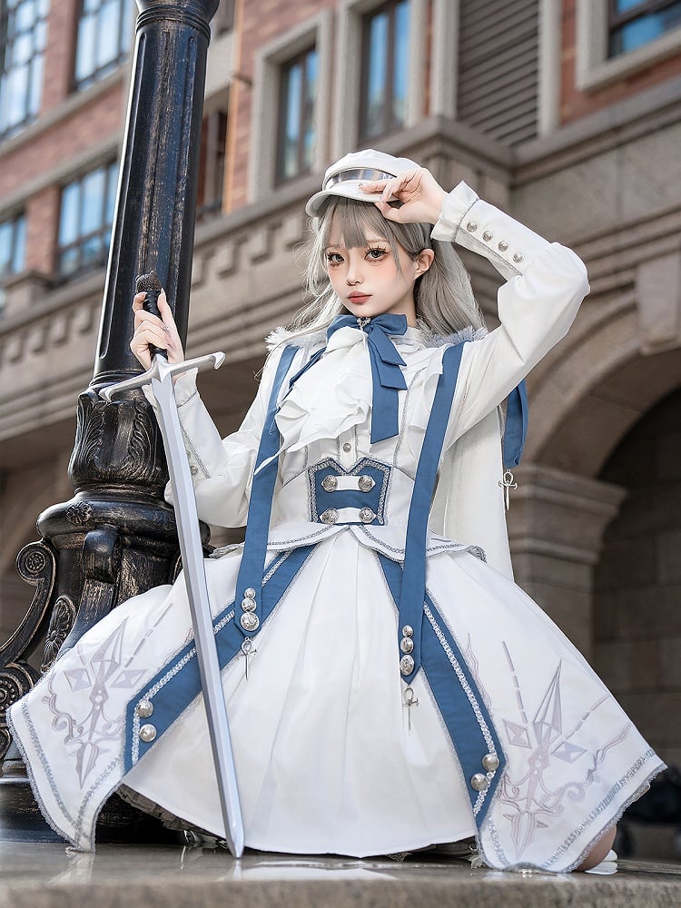 Military Lolita 3-Piece Set with Corset Belt – Top, Skirt and Belt, White and Blue (Xiong Dou Jiang)