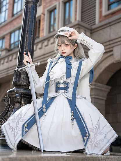 White and Blue Military Lolita Outfit Long Sleeves Top + Corset Belt High Waist Skirt