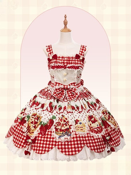 Cake Red Lolita Trim Scalloped Eyelet Strawberry White Dress JSK Print with