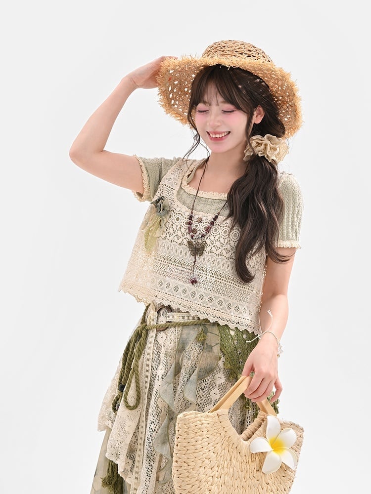 Light Green Mori Neck Lace Kei Round Neck Trim T-Shirt Halter