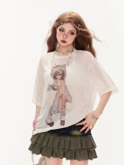 Halbtransparentes Coverup mit Cartoon-Charakter-Print, weißer Rundhalsausschnitt