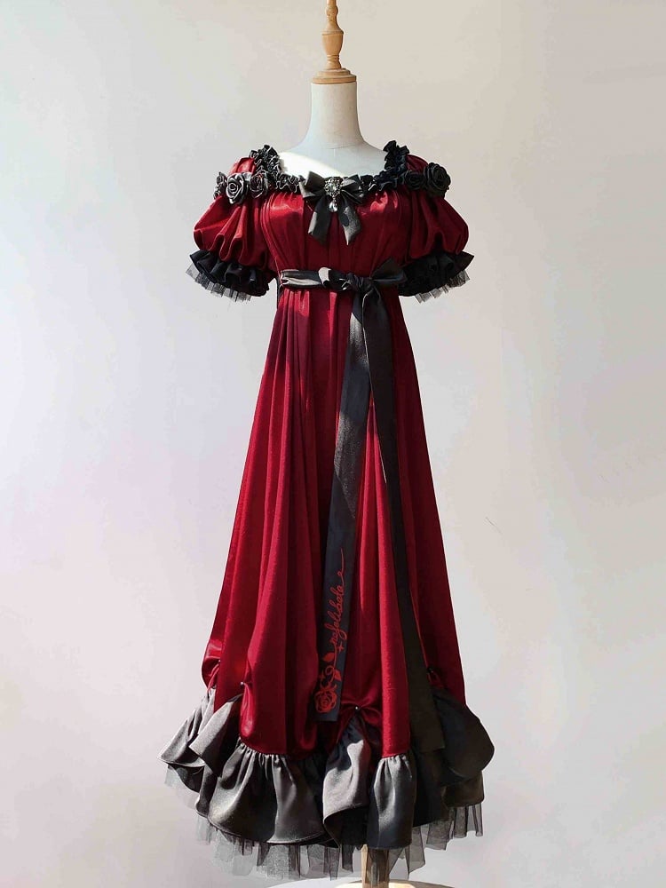 レッドエンパイアウエストマキシドレス ビーズディテール エレガントロリータ