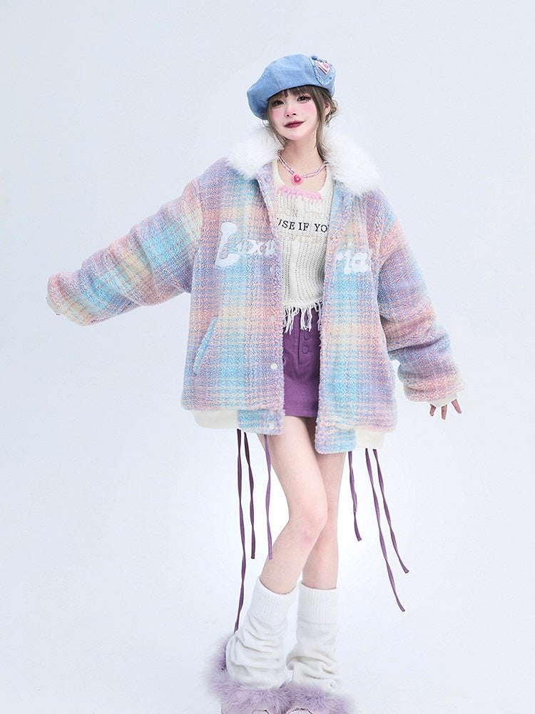 Details with Winter Colorful Coat Collar Faux Plush White Fur Text