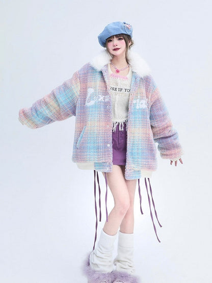 Details with Winter Colorful Coat Collar Faux Plush White Fur Text