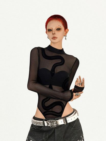 Black Punk Sheer Long Sleeve Top with Snake Pattern Decoration