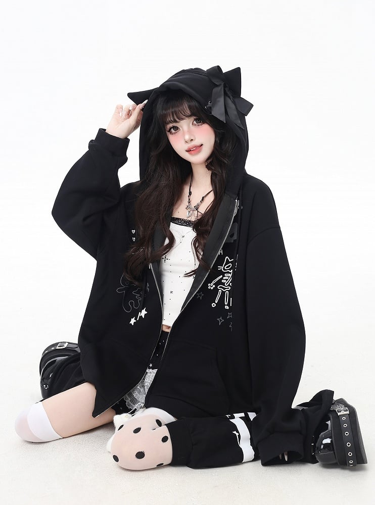 Bone Plushie Black/Gray Zip-up Hoodie with Kitty Ears Hood and
