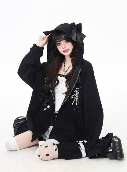 Bone Plushie Black/Gray Zip-up Hoodie with Kitty Ears Hood and