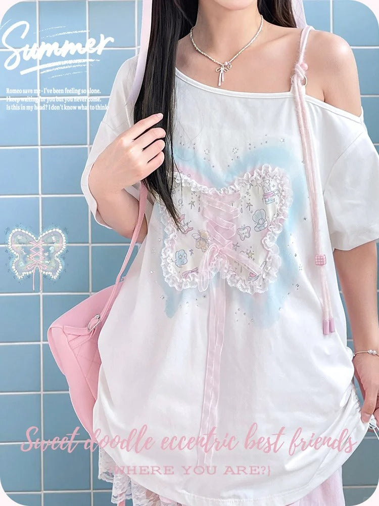 Sequins Decorated Lace-up Butterfly White Asymmetrical Neckline T-shirt Detail