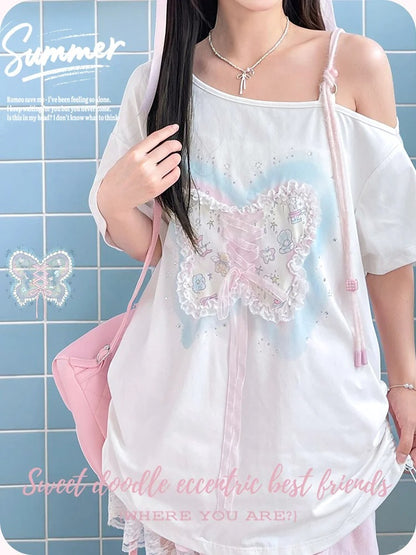 Sequins Decorated Lace-up Butterfly White Asymmetrical Neckline T-shirt Detail