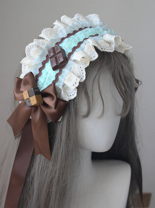 GreenBrown Ruffled Hairband Bowknot Details Decorated Chocolate