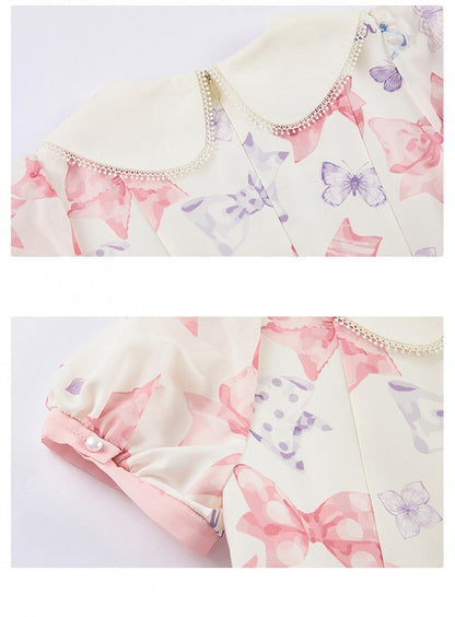 Pink Bowknot Peter Pan Collar Lolita Dress Bows and Butterfly Print One Piece