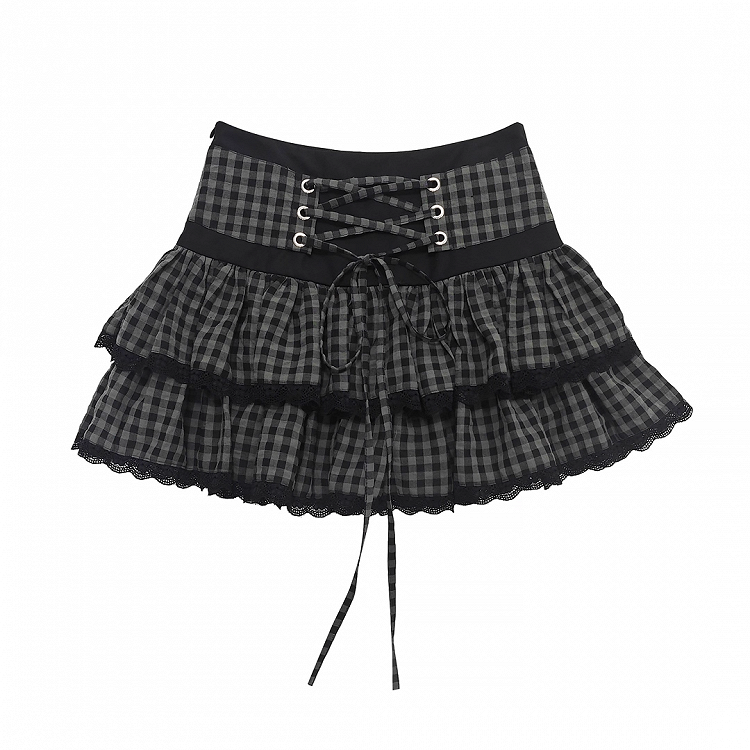 Black and Gray Plaid Lace-up Waist Tiered Skirt