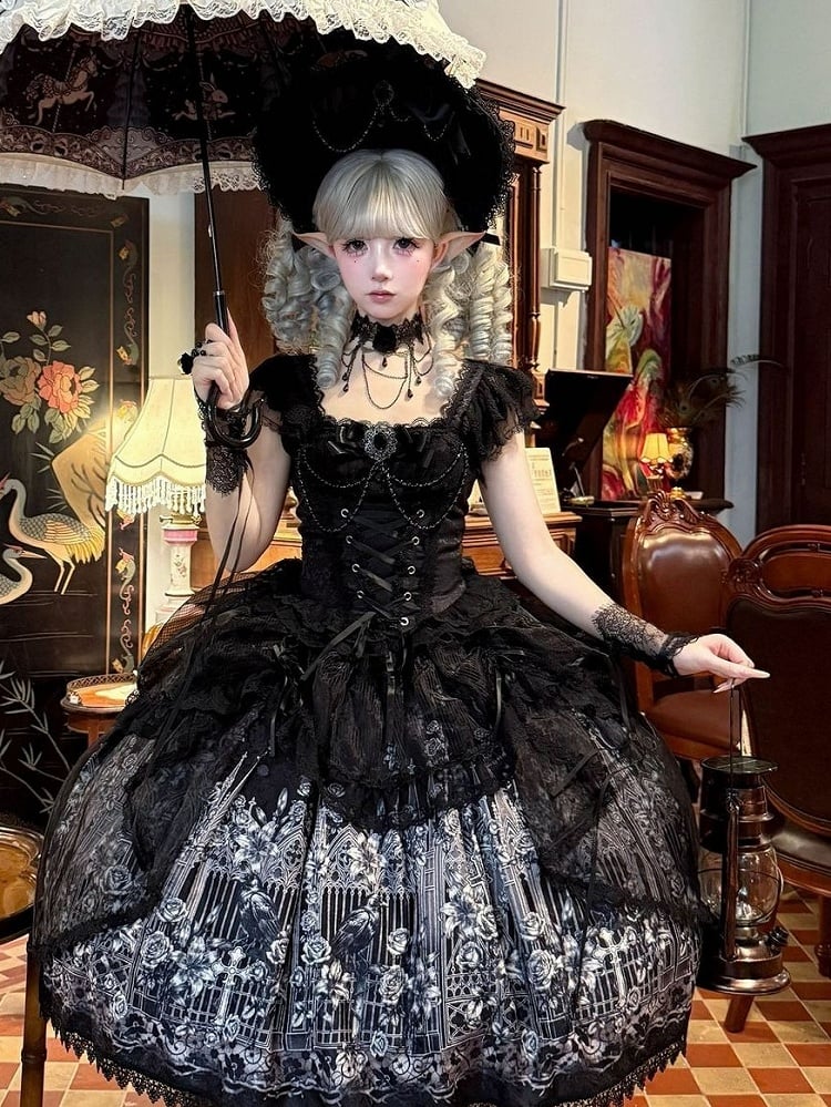 Black Gothic Square Neck JSK Dress with Train - Miss Han