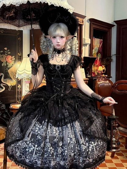 Black Gothic Square Neck JSK Dress with Train - Miss Han