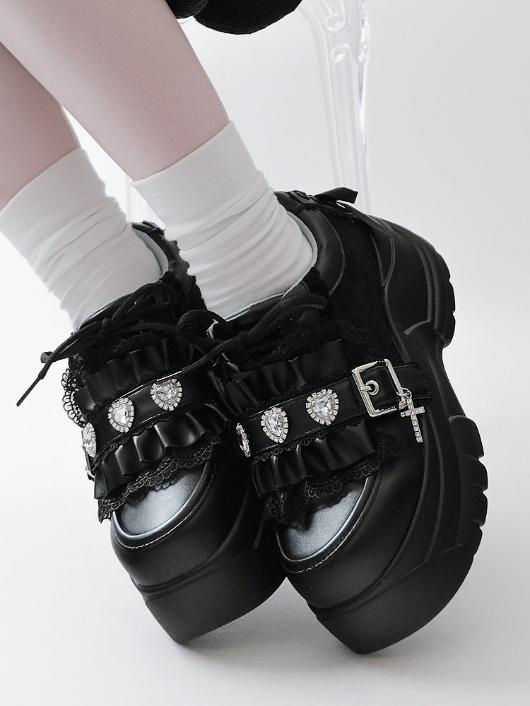 Rhinestone at Heart Ruffles Back Kei Closure Platforms Black Decor Trim Crystal Jirai - with Lace-up