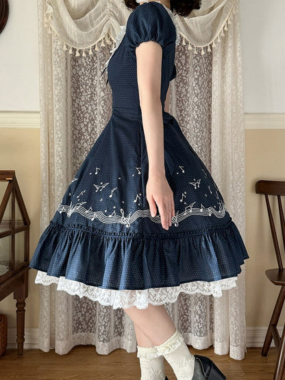 Dark Blue Polka Dot Embroidered Lolita Dress with Music Note Motif and Multi-Panel Cut - Surface Spell