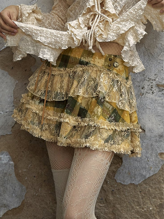 グリーンとイエローのチェック柄ヴィンテージアシンメトリーレースミニスカート