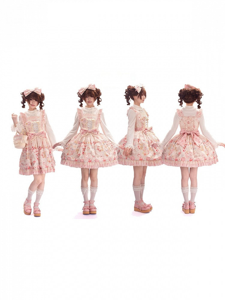 Pink Sweet Strawberry Print Lolita JSK Dress with Detachable Bow and Heart Brooch - wawao good night bear