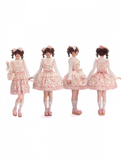 Pink Sweet Strawberry Print Lolita JSK Dress with Detachable Bow and Heart Brooch - wawao good night bear